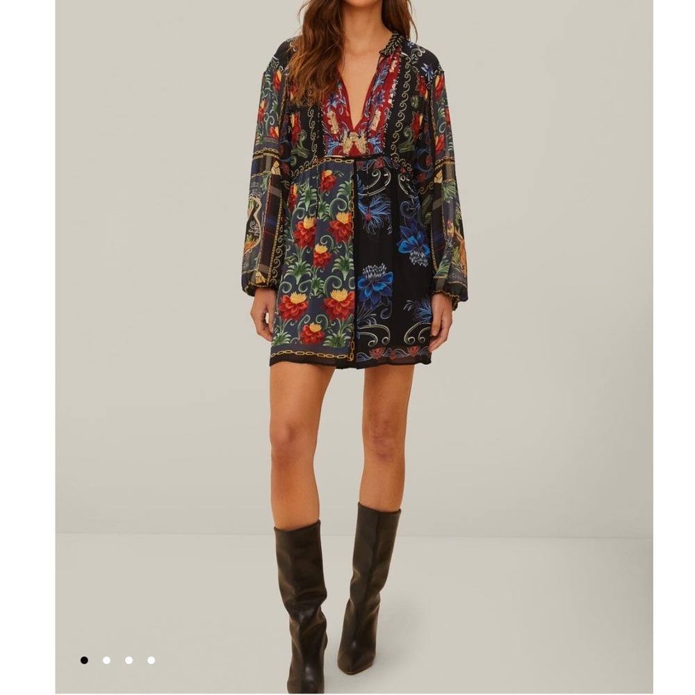 Farm Rio Mixed Arabesque Scarves Floral Print Mini Dress Bohemian Chic Sz S New